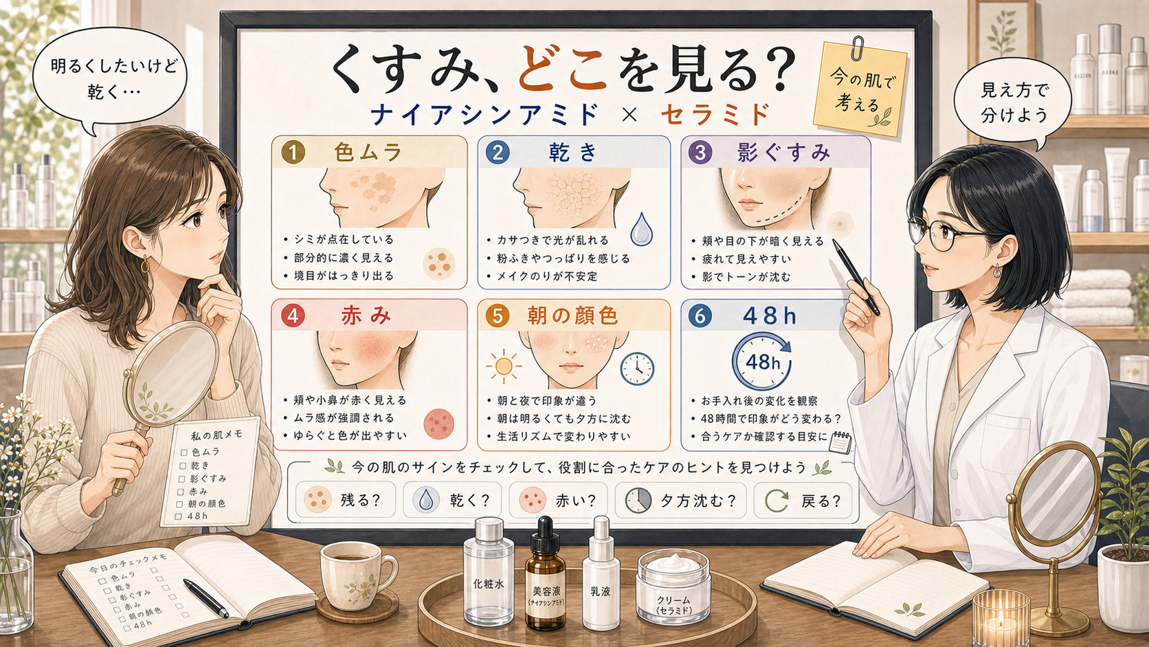 ナイアシンアミドとセラミドをシミくすみの色ムラ乾き影ぐすみ別に整理する相談ボード