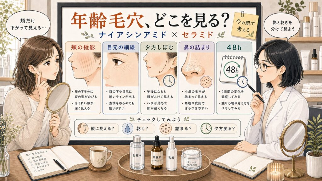 ナイアシンアミドとセラミドをシワ・たるみ毛穴目線で整理するアイキャッチ