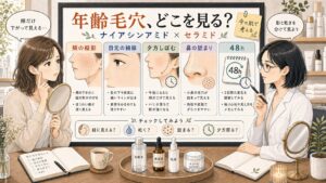 ナイアシンアミドとセラミドをシワ・たるみ毛穴目線で整理するアイキャッチ