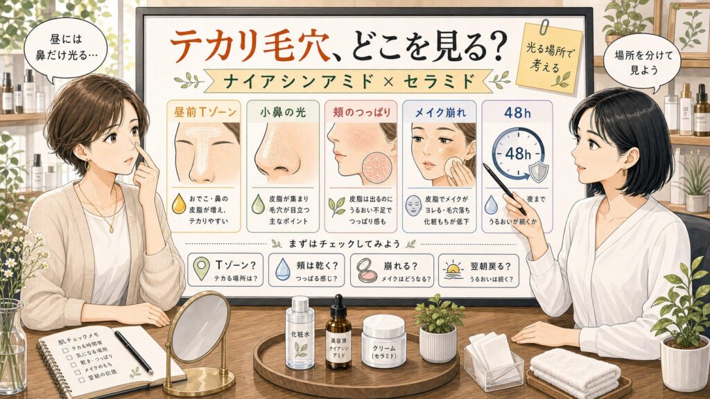 皮脂とテカリで目立つ毛穴をナイアシンアミドとセラミドでどう見るか相談する女性と診断ボードのイラスト