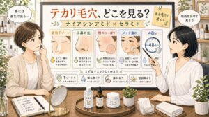 皮脂とテカリで目立つ毛穴をナイアシンアミドとセラミドでどう見るか相談する女性と診断ボードのイラスト