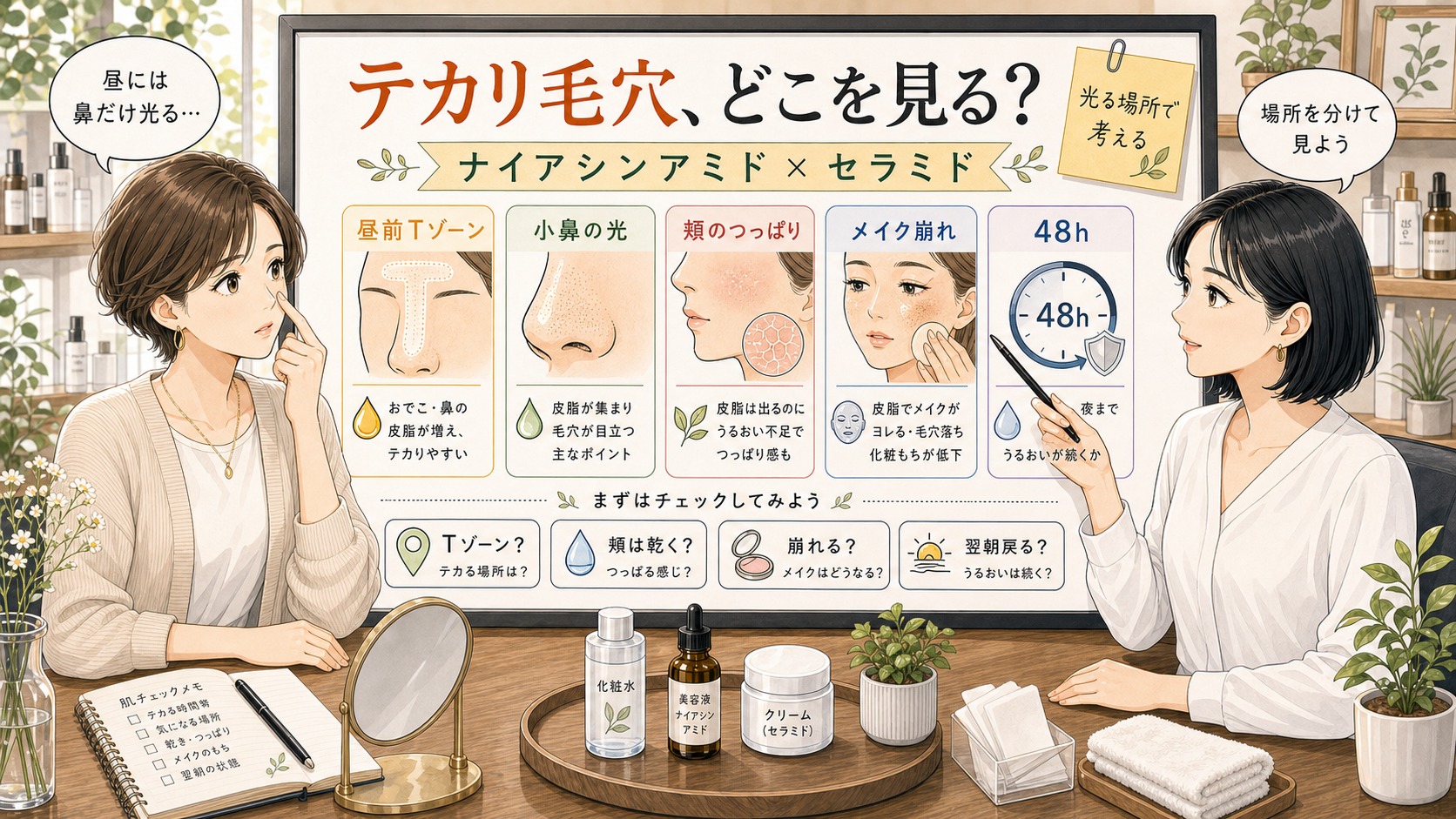 皮脂とテカリで目立つ毛穴をナイアシンアミドとセラミドでどう見るか相談する女性と診断ボードのイラスト