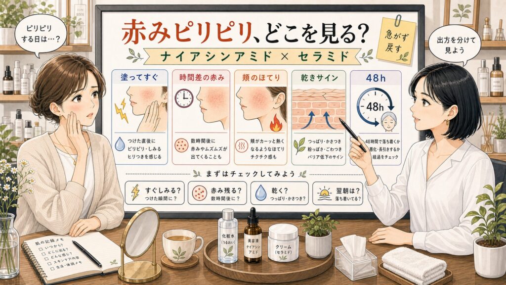 ナイアシンアミドとセラミドで赤みやピリピリが出る原因を相談する女性と診断ボードのイラスト