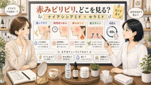 ナイアシンアミドとセラミドで赤みやピリピリが出る原因を相談する女性と診断ボードのイラスト