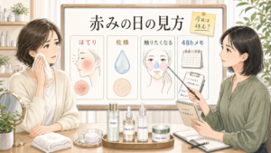 アゼライン酸で年齢毛穴ケア中に赤みが出たら？刺激を感じる日の休み方を整理するスキンケア相談風アイキャッチ
