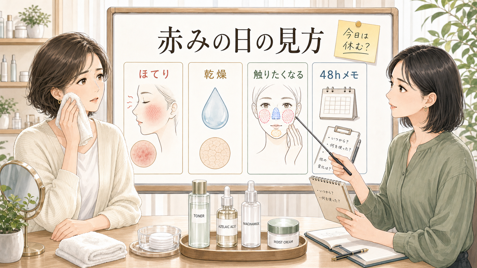 アゼライン酸で年齢毛穴ケア中に赤みが出たら？刺激を感じる日の休み方を整理するスキンケア相談風アイキャッチ