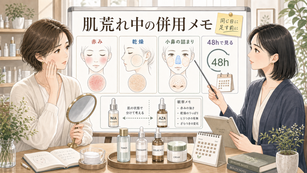 ナイアシンアミドとアゼライン酸は肌荒れ中に併用していい？赤み・乾燥で分ける使い方を整理するスキンケア相談風アイキャッチ