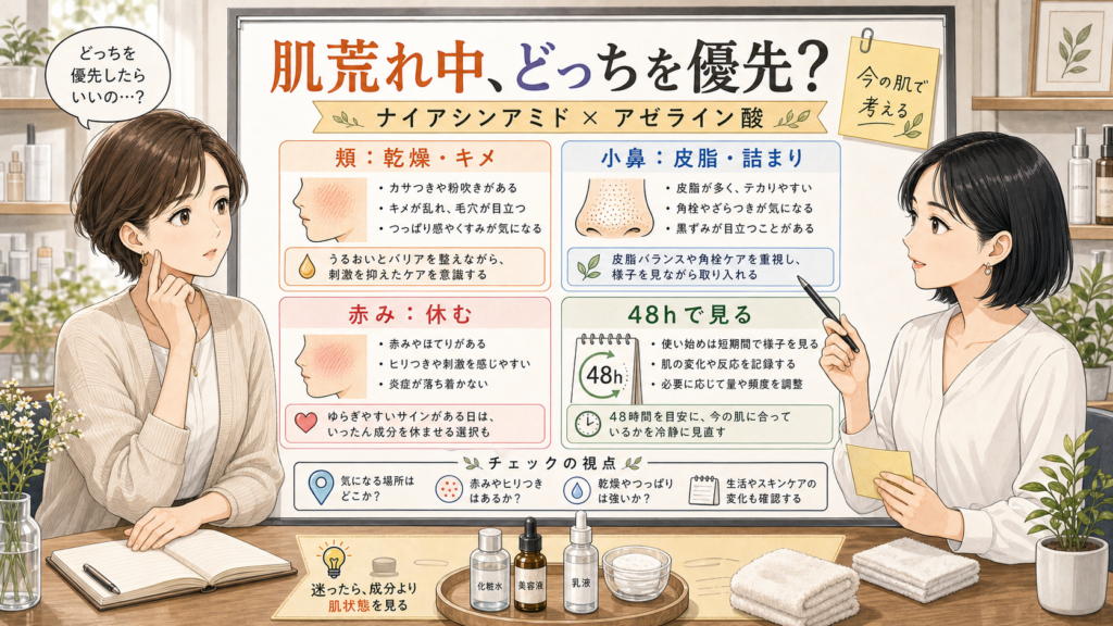 肌荒れ中はナイアシンアミドとアゼライン酸どっち？赤み・乾燥・小鼻で分ける選び方