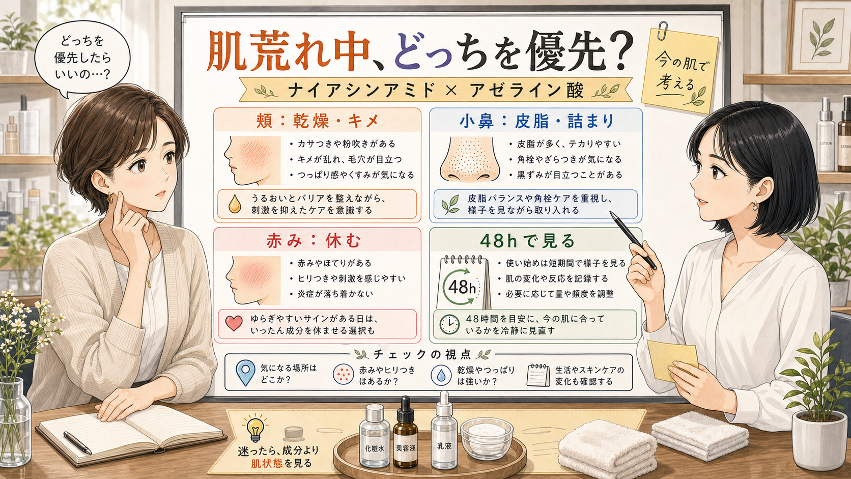 肌荒れ中はナイアシンアミドとアゼライン酸どっち？赤み・乾燥・小鼻で分ける選び方