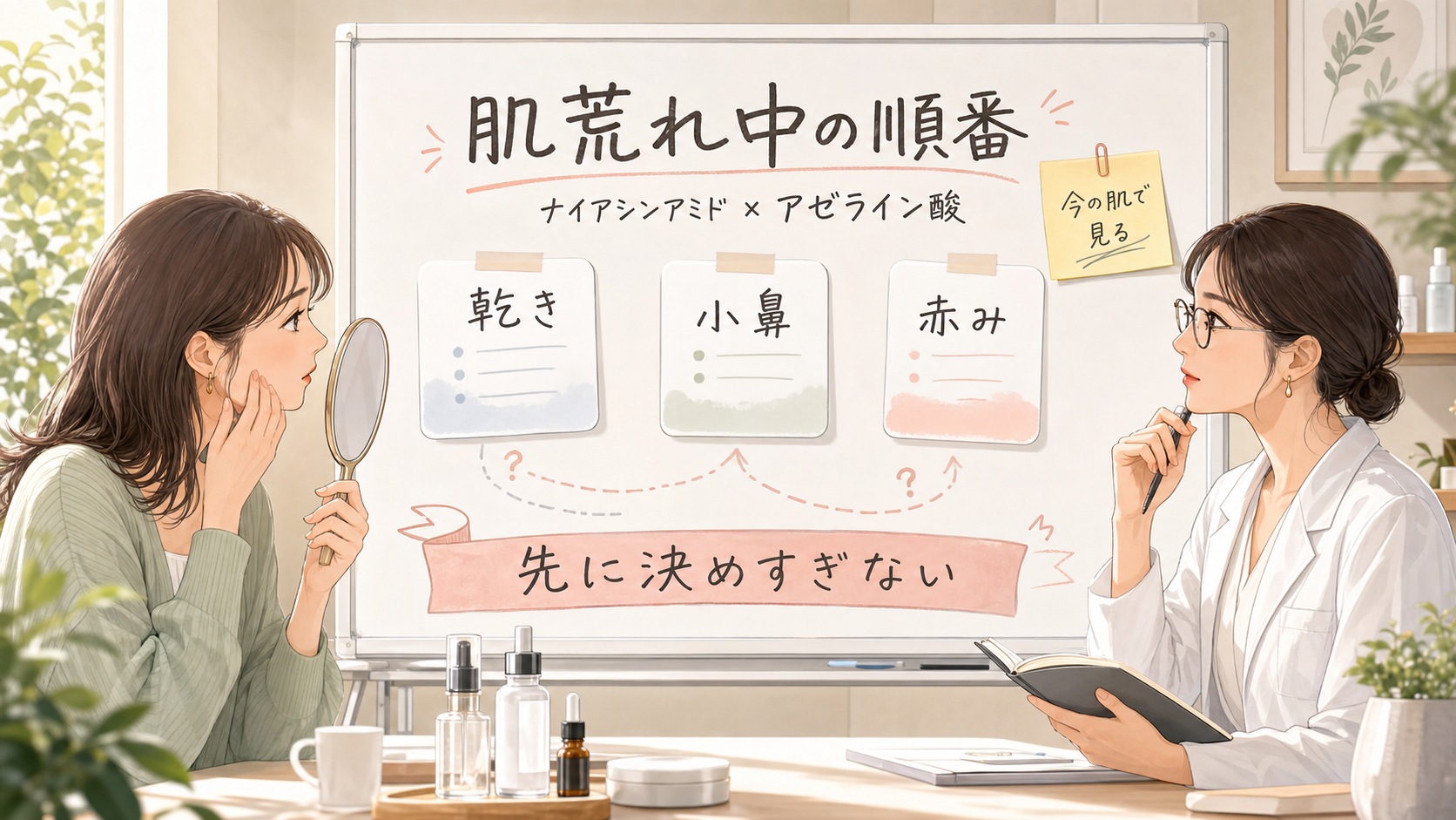 肌荒れ中のナイアシンアミドとアゼライン酸の順番は？赤み・乾燥・小鼻で変える使い方