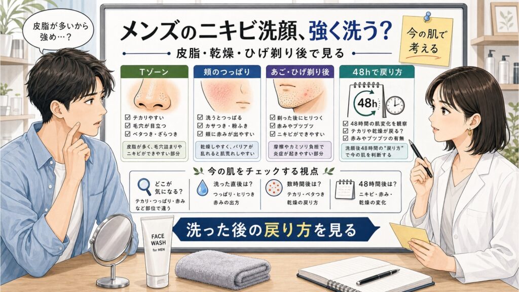 メンズのニキビ洗顔を皮脂・乾燥・ひげ剃り後で考えるアイキャッチ