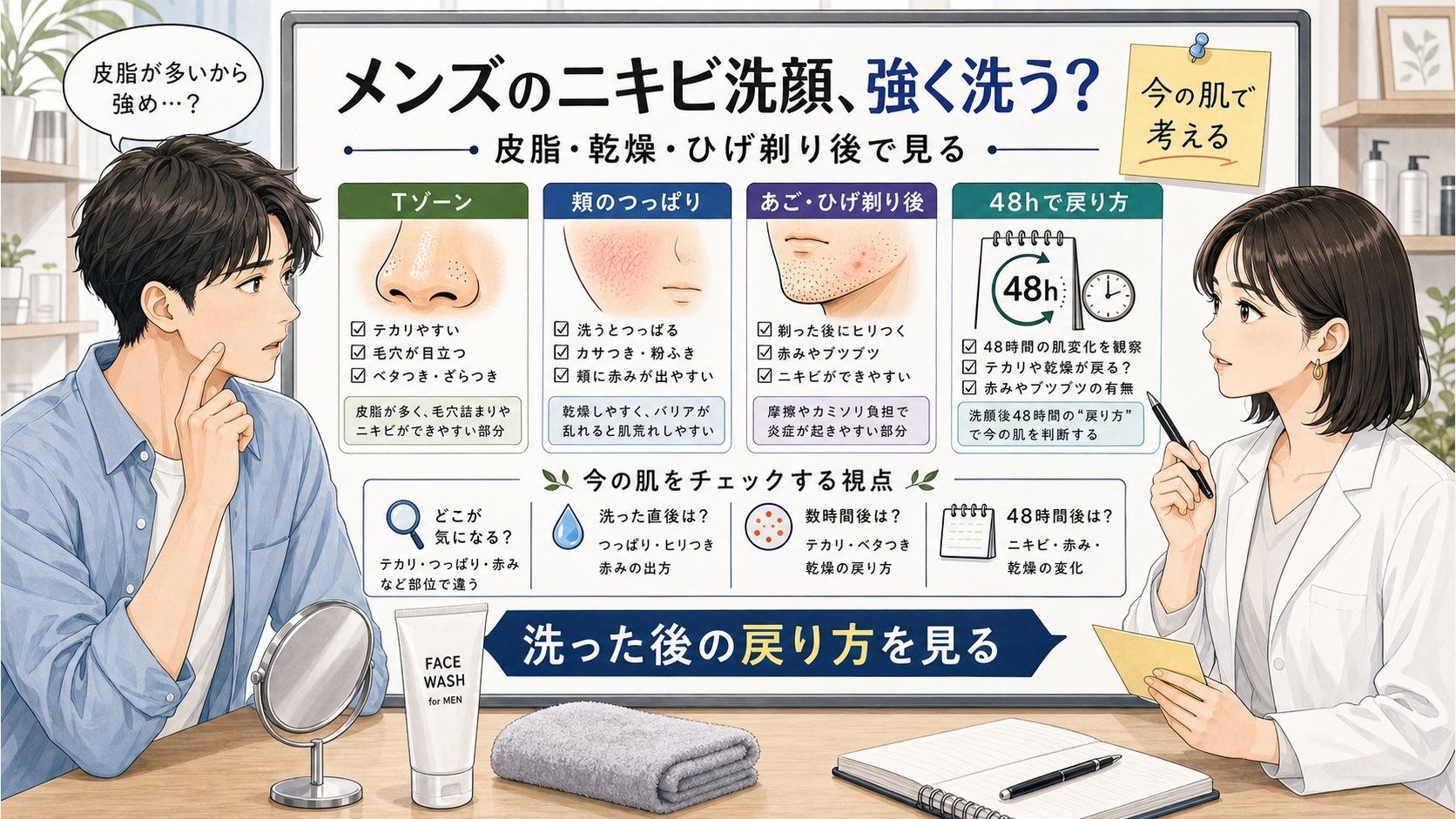 メンズのニキビ洗顔を皮脂・乾燥・ひげ剃り後で考えるアイキャッチ