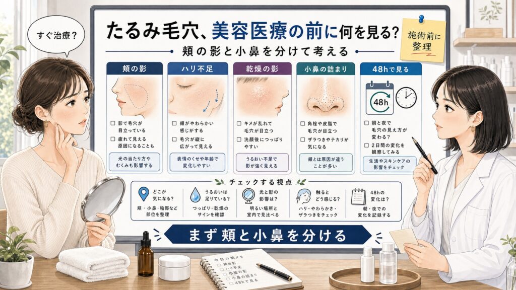たるみ毛穴改善と美容医療前の判断を相談する読者と専門家のアイキャッチ