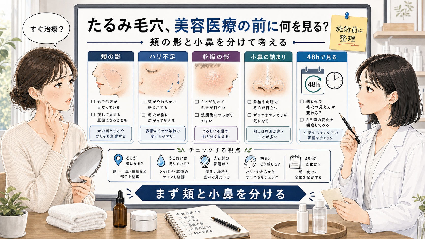 たるみ毛穴改善と美容医療前の判断を相談する読者と専門家のアイキャッチ