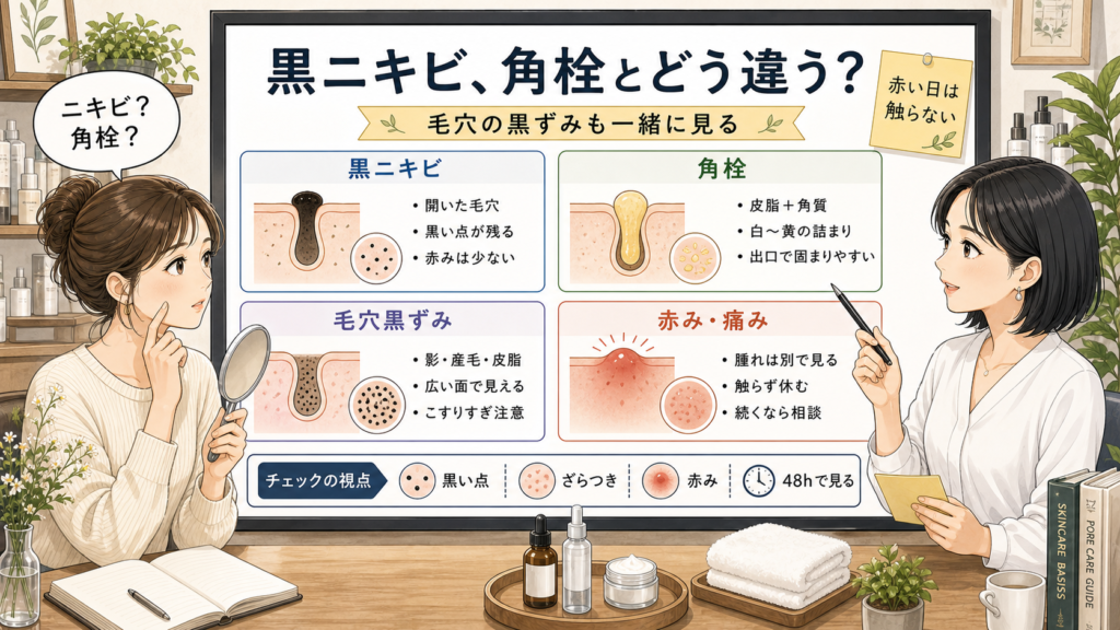 黒ニキビと角栓の違いを毛穴黒ずみと比べる図