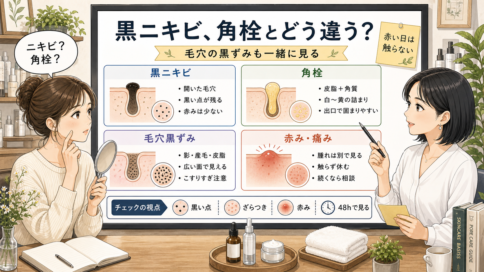黒ニキビと角栓の違いを毛穴黒ずみと比べる図