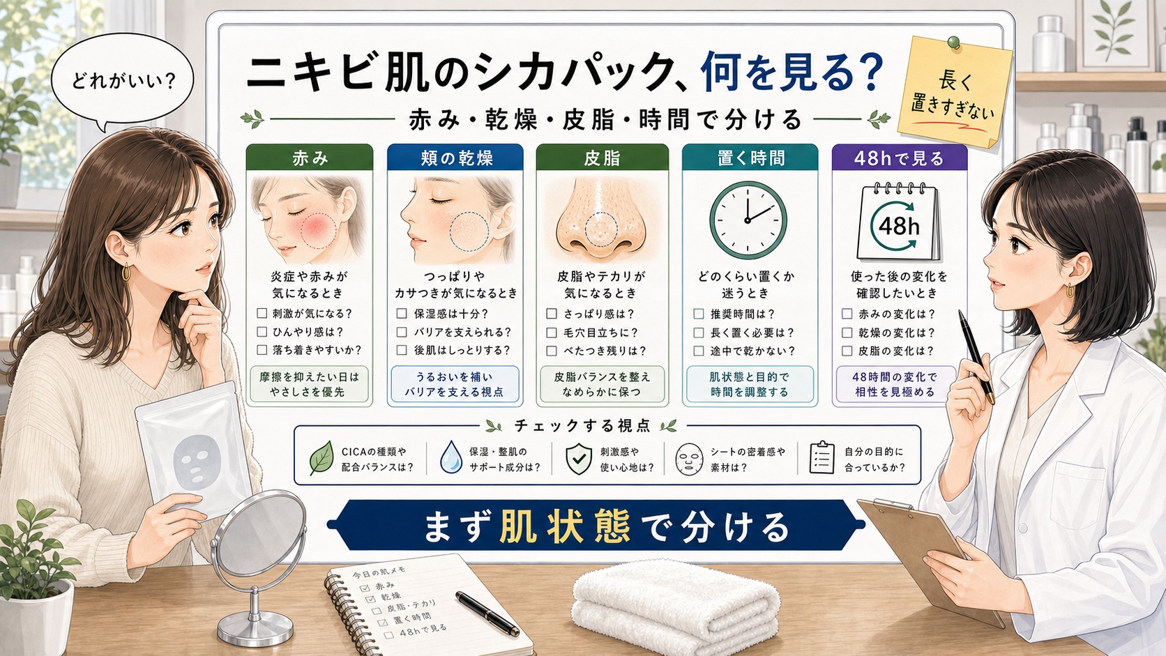 ニキビ肌のシカパック選びを相談する読者と専門家のアイキャッチ