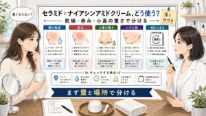 セラミド ナイアシンアミド クリームの重くならない使い方を相談する読者と専門家のアイキャッチ