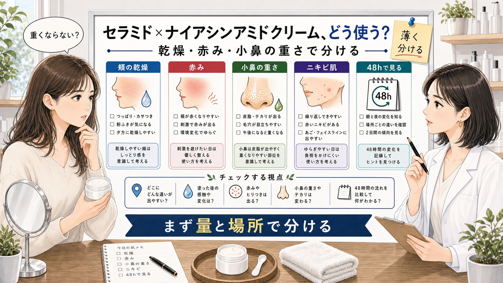 セラミド ナイアシンアミド クリームの重くならない使い方を相談する読者と専門家のアイキャッチ