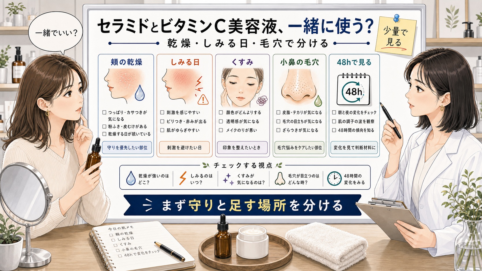 セラミド ビタミンc 美容液の使い方を相談する読者と専門家のアイキャッチ