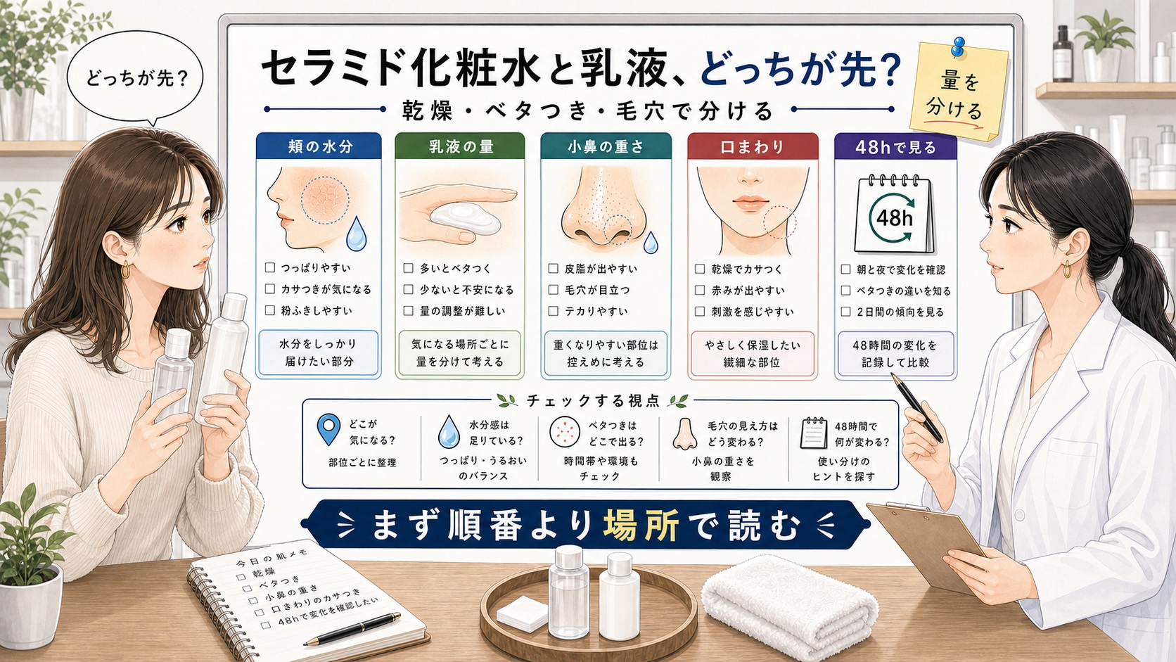 セラミド化粧水 乳液 どっちを相談する読者と専門家のアイキャッチ