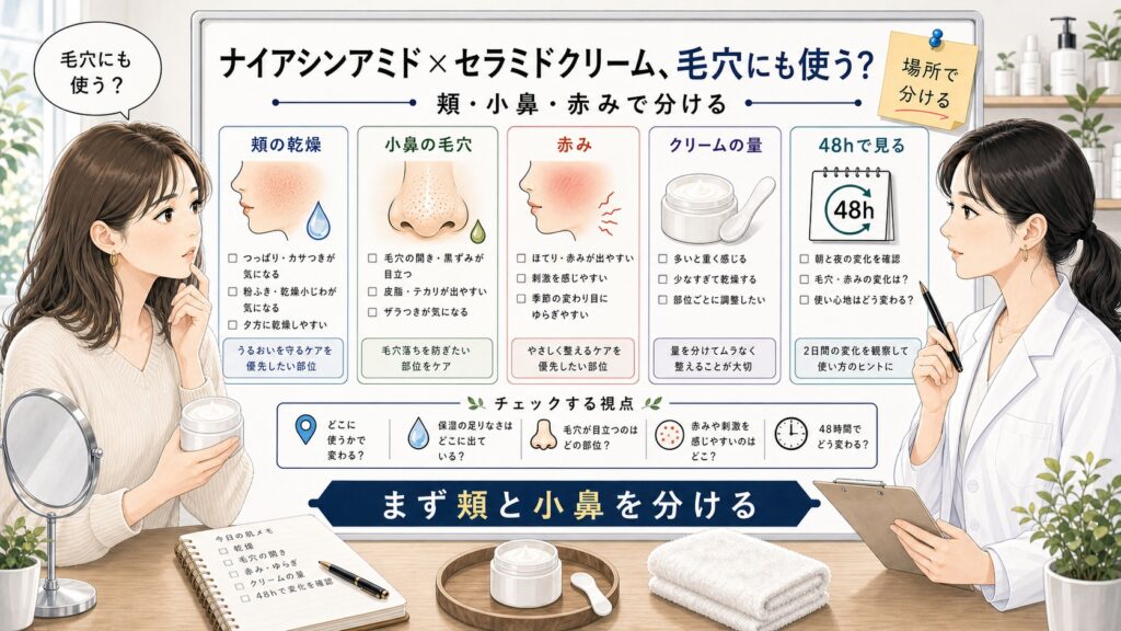 ナイアシンアミド セラミド クリームの毛穴への塗り分けを相談する読者と専門家のアイキャッチ