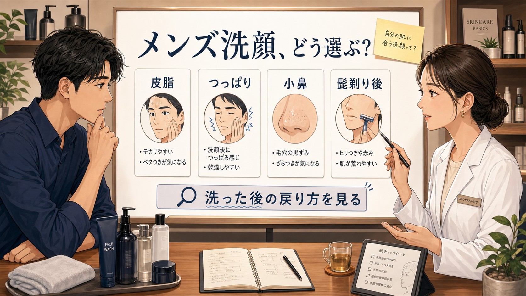 おすすめ メンズ洗顔の選び方を皮脂とつっぱりで相談する読者と専門家のアイキャッチ