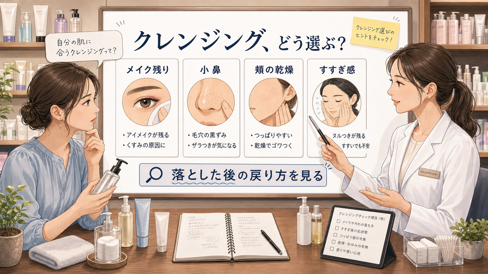 ドラッグストア クレンジングオススメの選び方を毛穴と乾燥で相談する読者と専門家のアイキャッチ