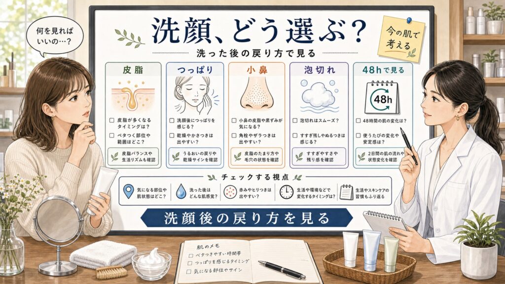 洗顔 オススメ ドラッグストアの選び方を皮脂とつっぱりで相談する読者と専門家のアイキャッチ