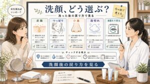 洗顔 オススメ ドラッグストアの選び方を皮脂とつっぱりで相談する読者と専門家のアイキャッチ