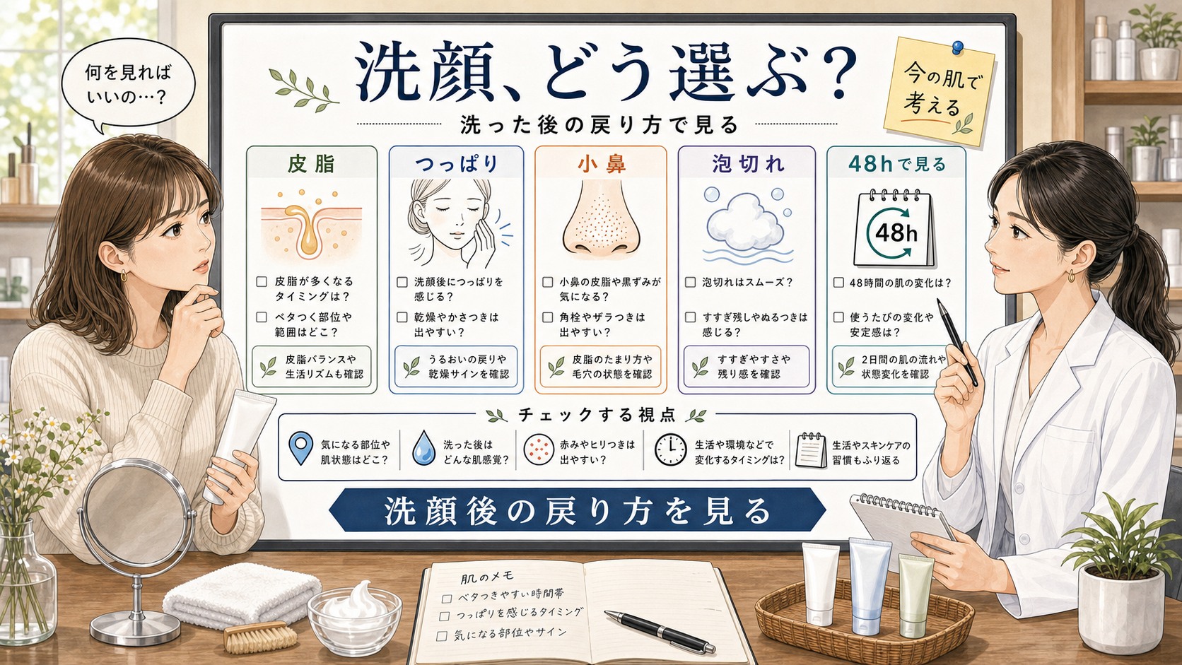 洗顔 オススメ ドラッグストアの選び方を皮脂とつっぱりで相談する読者と専門家のアイキャッチ