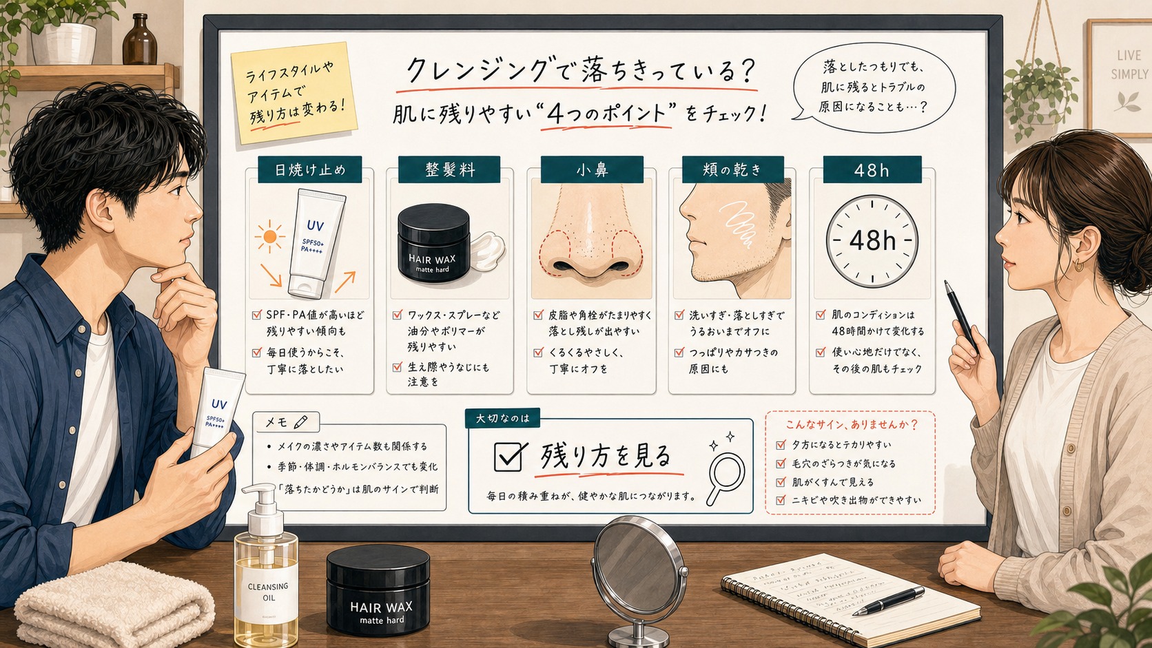 クレンジングおすすめメンズの選び方を日焼け止めと小鼻の残り方で相談する読者と専門家のアイキャッチ
