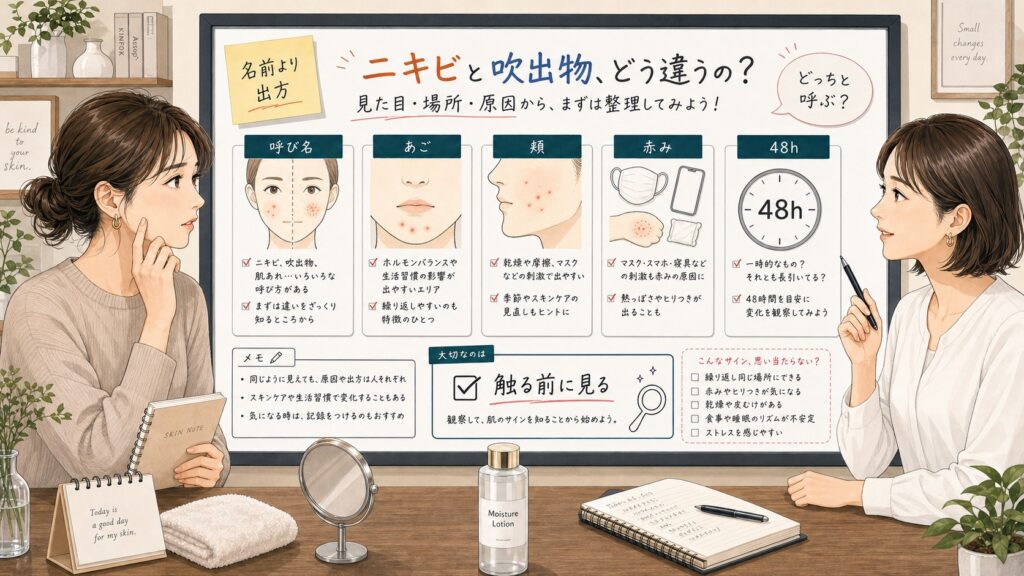 ニキビ 吹出物 違いを呼び名と赤みの出方で相談する読者と専門家のアイキャッチ
