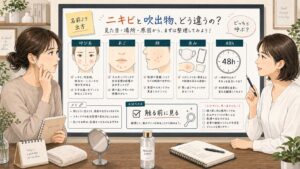 ニキビ 吹出物 違いを呼び名と赤みの出方で相談する読者と専門家のアイキャッチ