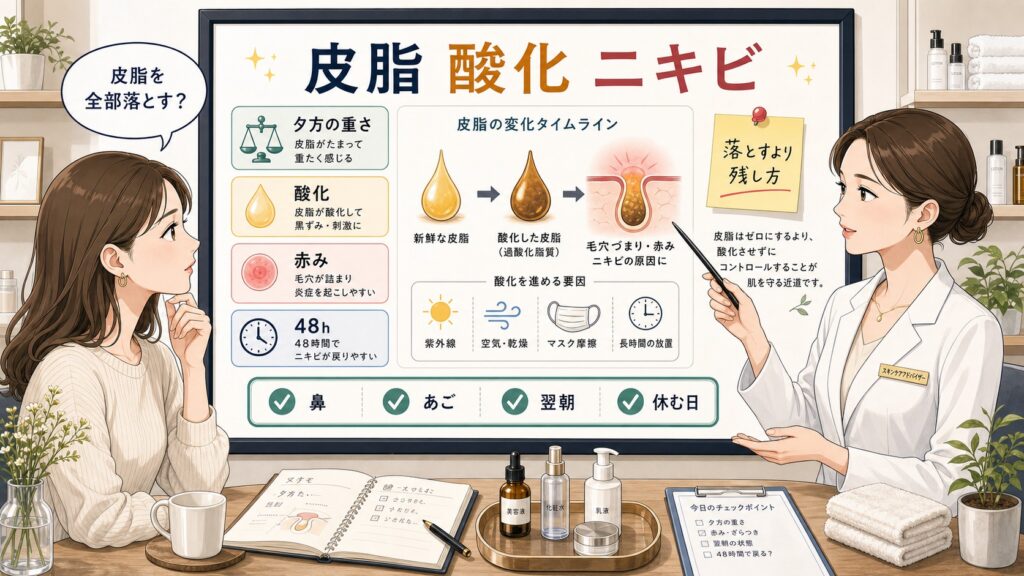 皮脂の酸化とニキビの関係を朝夜のケアで整理する美容メディア風イラスト