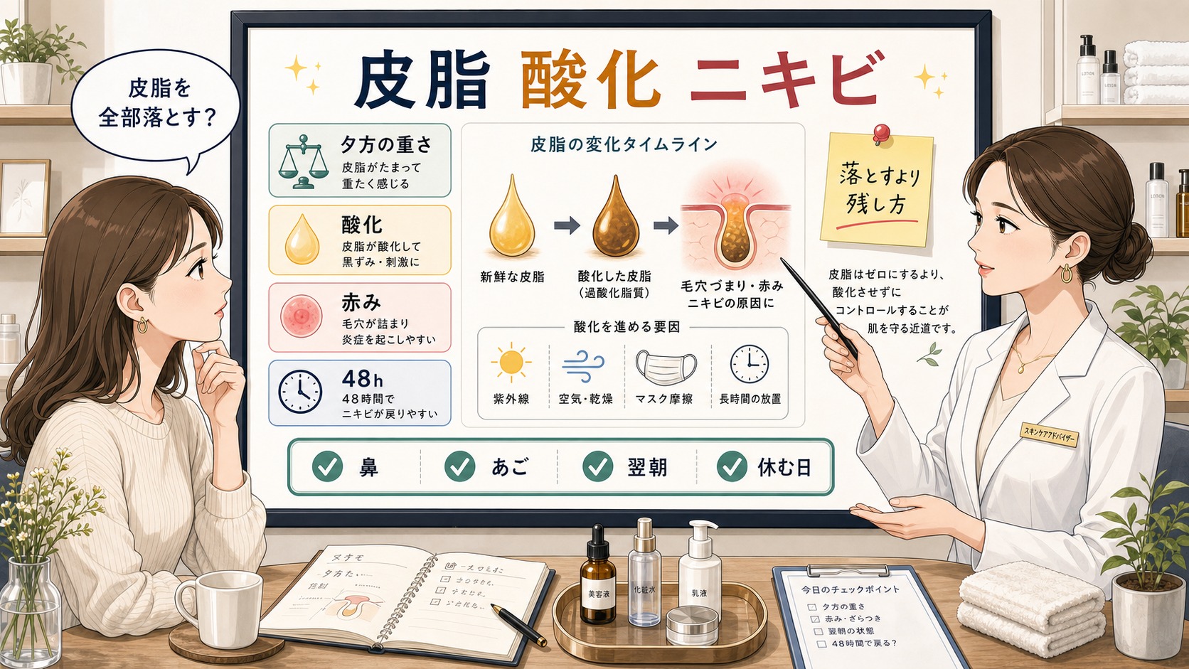 皮脂の酸化とニキビの関係を朝夜のケアで整理する美容メディア風イラスト
