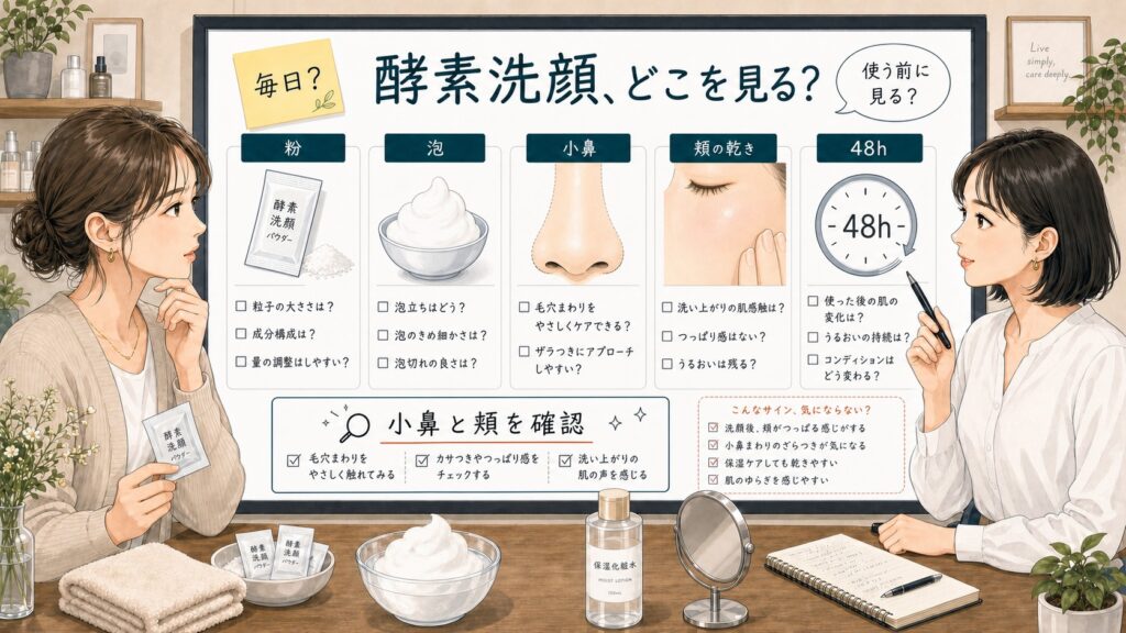 洗顔 酵素 おすすめの選び方を小鼻と頬の乾きで相談する読者と専門家のアイキャッチ