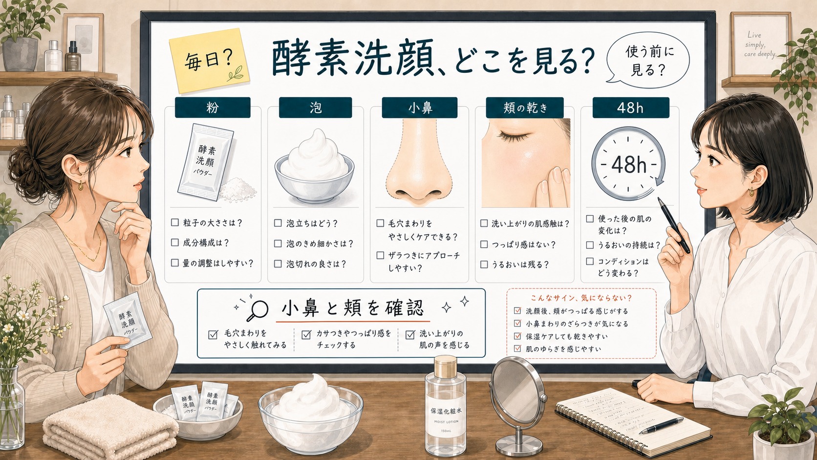 洗顔 酵素 おすすめの選び方を小鼻と頬の乾きで相談する読者と専門家のアイキャッチ