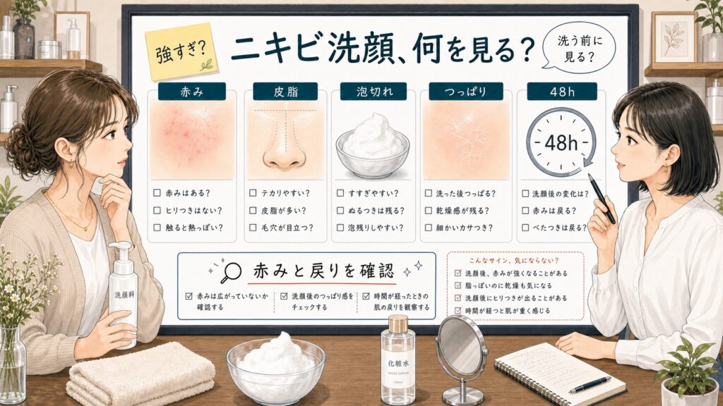 おすすめ洗顔 ニキビの選び方を赤みと皮脂の戻りで相談する女性読者と専門家のアイキャッチ