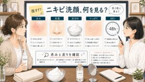 おすすめ洗顔 ニキビの選び方を赤みと皮脂の戻りで相談する女性読者と専門家のアイキャッチ
