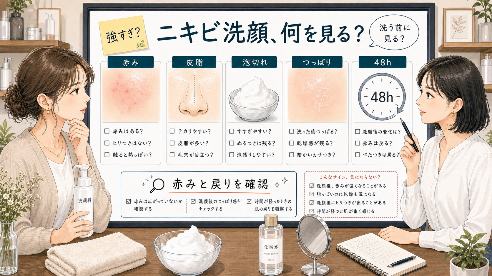おすすめ洗顔 ニキビの選び方を赤みと皮脂の戻りで相談する女性読者と専門家のアイキャッチ