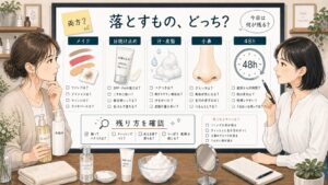 クレンジングと洗顔の違いをメイクや皮脂の残り方で相談する女性読者と専門家のアイキャッチ