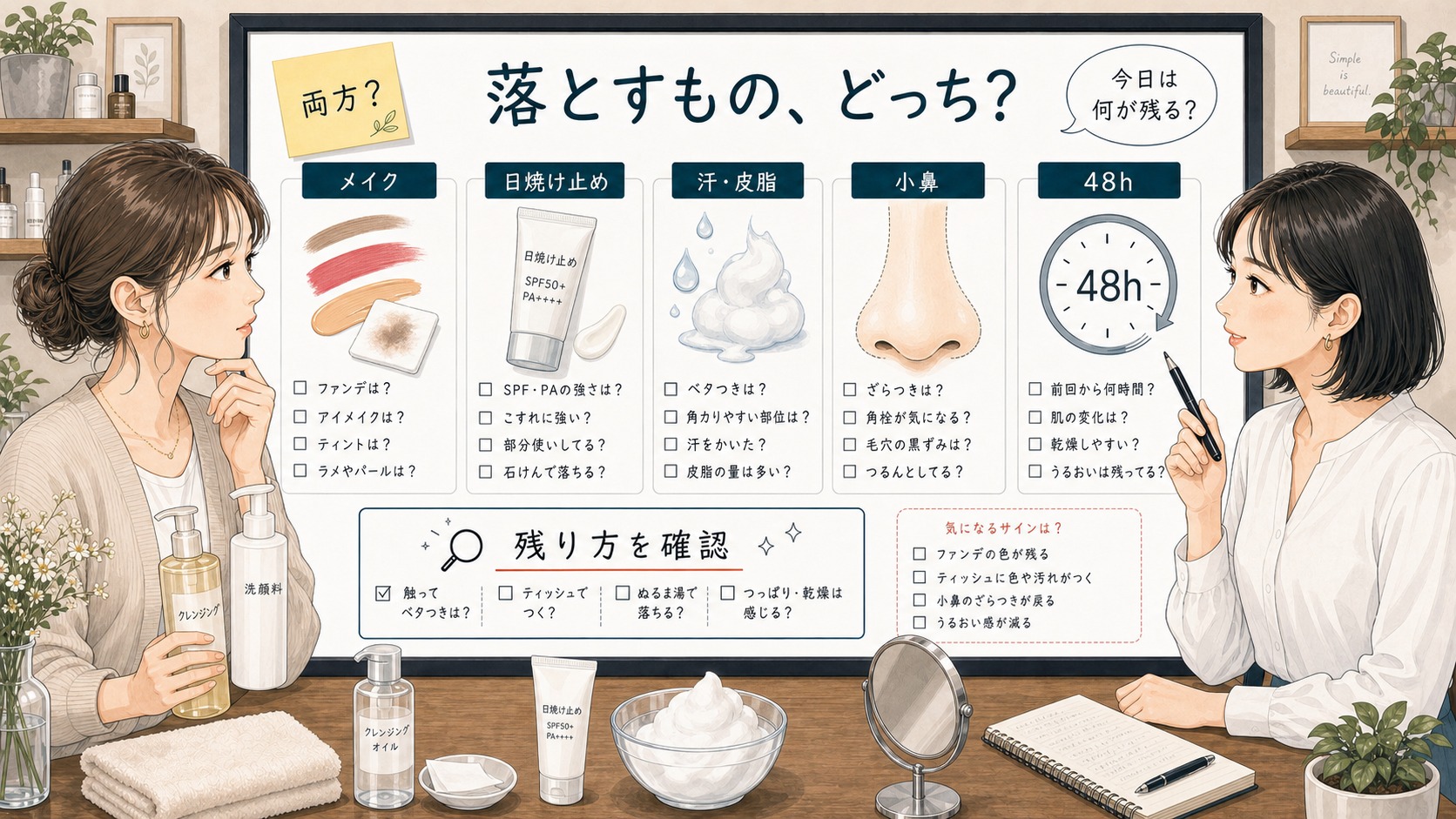 クレンジングと洗顔の違いをメイクや皮脂の残り方で相談する女性読者と専門家のアイキャッチ