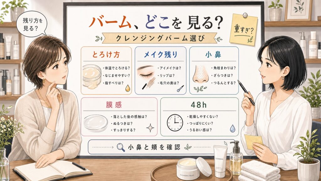 クレンジングバームの選び方を小鼻・膜感・メイク残りで整理する美容相談ボード