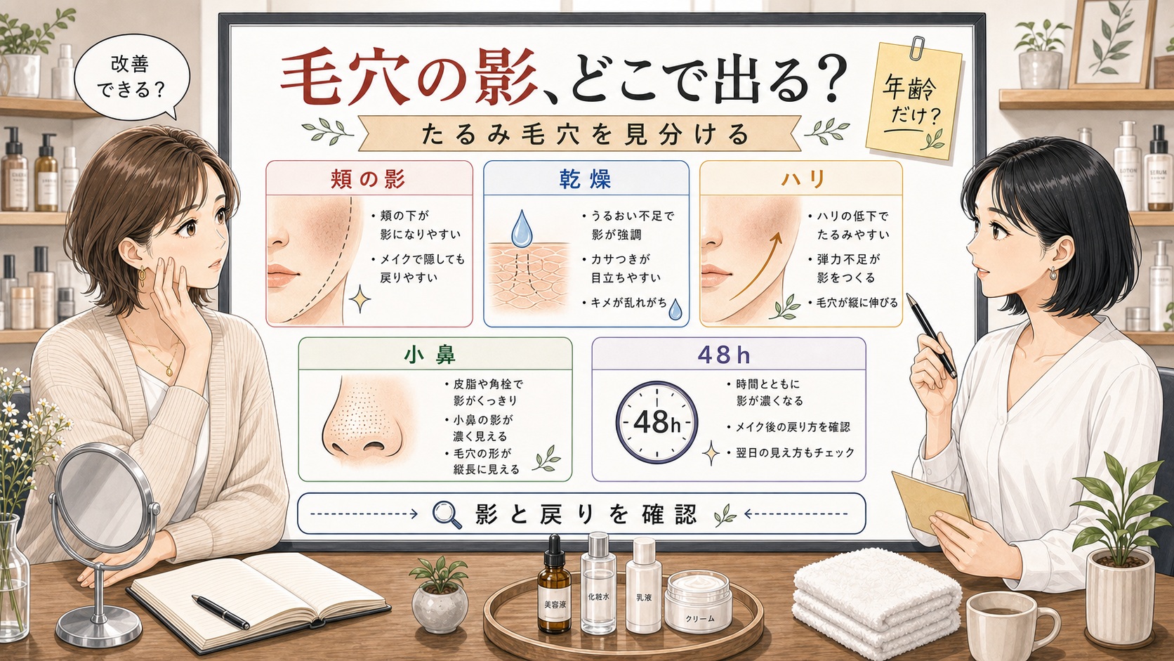 たるみ毛穴の改善を頬の影・乾燥・ハリ不足・小鼻の戻りで整理する美容相談ボード