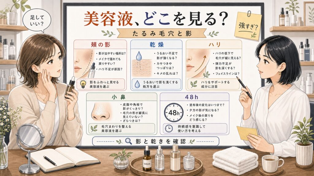 たるみ毛穴向け美容液の選び方を頬の影・乾燥・ハリ・小鼻で整理する美容相談ボード
