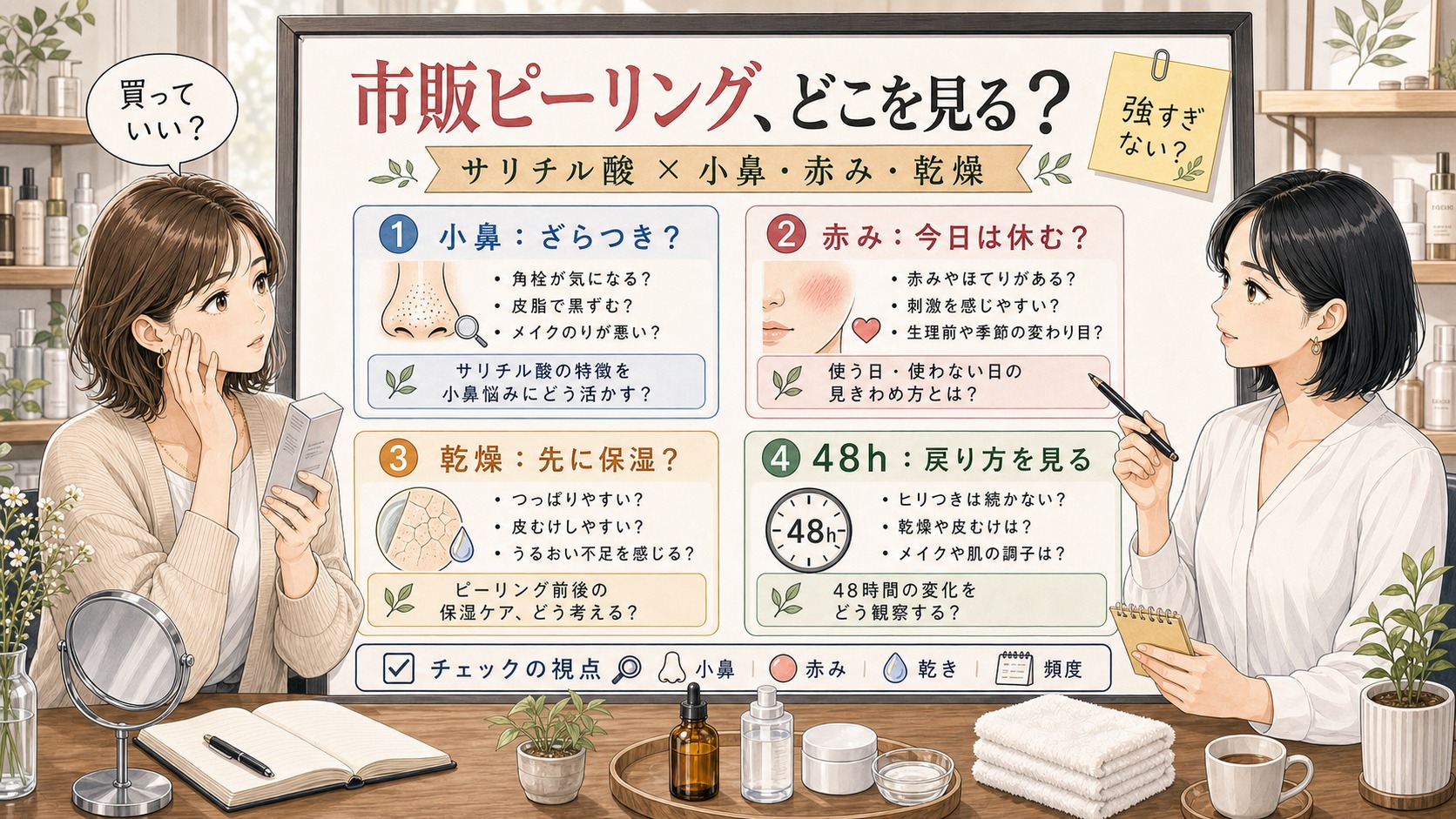 市販のサリチル酸ピーリング選びを小鼻の詰まり・赤み・乾燥・使用タイプで整理する美容相談ボード