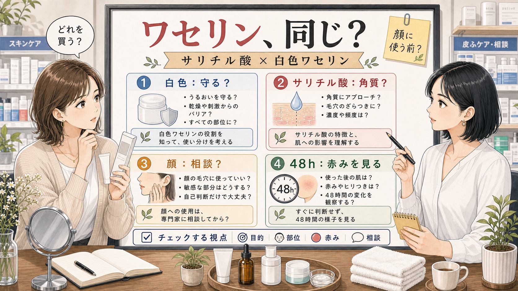 サリチル酸ワセリンと白色ワセリンの違いをドラッグストア購入前に整理する美容相談ボード