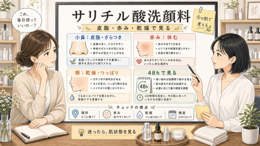 ドラッグストアのサリチル酸洗顔料選びを皮脂・ニキビ・乾燥・赤みで整理する美容相談ボード