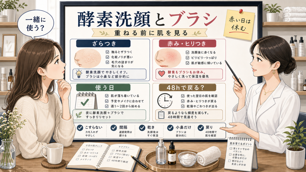 酵素洗顔とブラシを一緒に使うか分けるかを肌状態で判断する図解